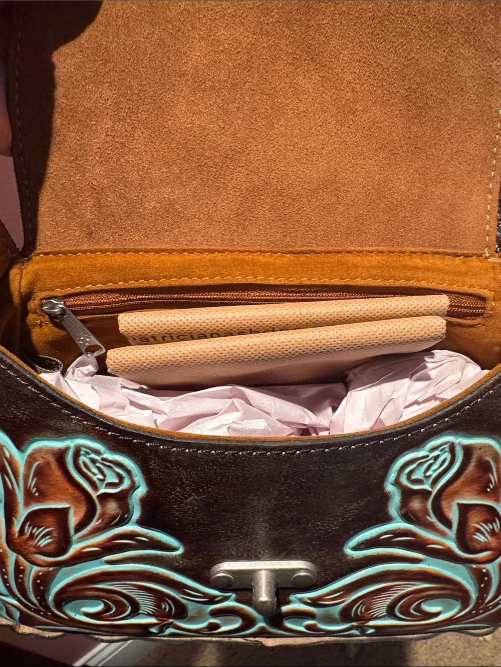 Patricia Nash Rose Tooled Floral Leather Crossbody Bag - Brown & Turquoise NWT